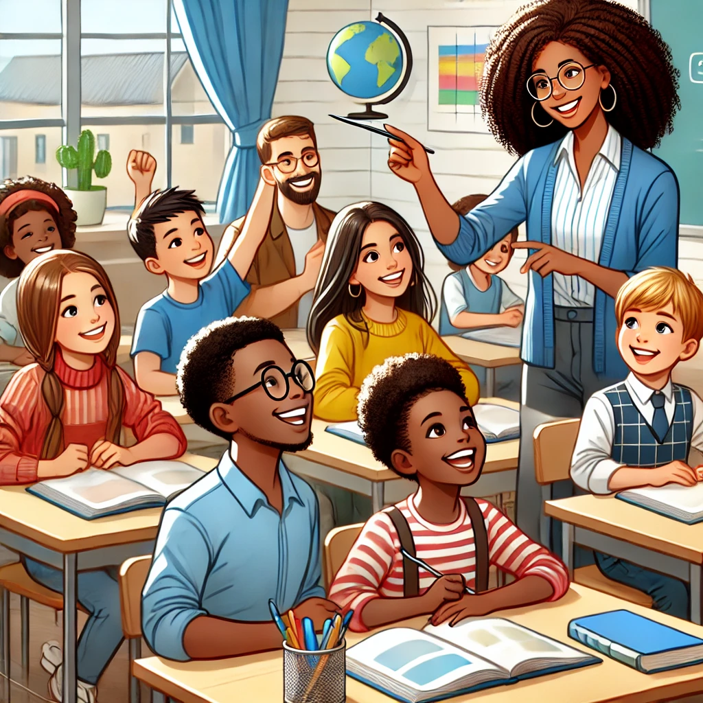 DALL·E 2024-07-05 14.30.19 - A joyful classroom scene with young TEFL_TESOL students being taught by an adult teacher, set in an African country. The students are Africa